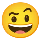 grinning face + face with raised eyebrow