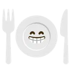 beaming face with smiling eyes + fork and knife with plate
