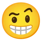 beaming face with smiling eyes + face with raised eyebrow