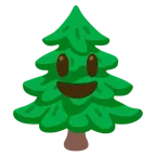 grinning face with big eyes + evergreen tree