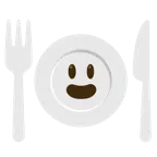 grinning face with big eyes + fork and knife with plate