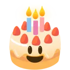 grinning face with big eyes + birthday cake