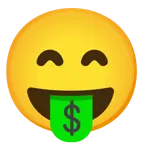 grinning face with smiling eyes + money-mouth face