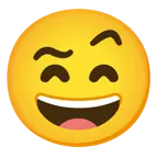 grinning face with smiling eyes + face with raised eyebrow