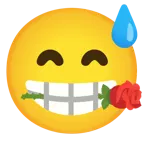 grinsendes Gesicht mit Schweißtropfen + Rose
