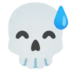 grinsendes Gesicht mit Schweißtropfen + Totenkopf
