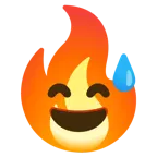 grinsendes Gesicht mit Schweißtropfen + Feuer