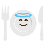faccina con sorriso e aureola + piatto e posate