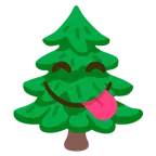 face savoring food + evergreen tree