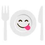 face savoring food + fork and knife with plate
