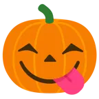 face savoring food + jack-o-lantern