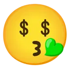 kissing face with smiling eyes + money-mouth face