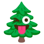 faccina che fa l’occhiolino e mostra la lingua + albero sempreverde