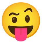 squinting face with tongue + face with raised eyebrow