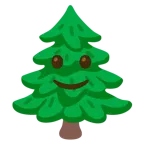 slightly smiling face + evergreen tree