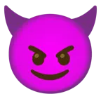 slightly smiling face + angry face with horns