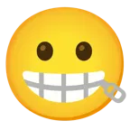 slightly smiling face + zipper-mouth face
