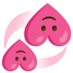 upside-down face + revolving hearts