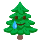 smiling face with tear + evergreen tree
