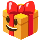 Geschenk + grinsendes Gesicht mit großen Augen