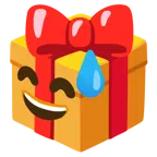 Geschenk + grinsendes Gesicht mit Schweißtropfen