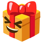 Geschenk + Grinsegesicht mit zugekniffenen Augen