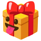 Geschenk + Gesicht mit herausgestreckter Zunge