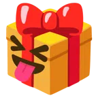 Geschenk + Gesicht mit herausgestreckter Zunge und zusammengekniffenen Augen