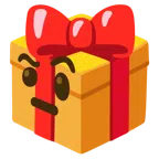 Geschenk + Gesicht mit hochgezogenen Augenbrauen