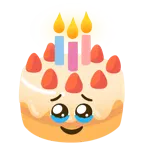 face holding back tears + birthday cake