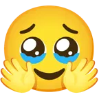 face holding back tears + smiling face with open hands