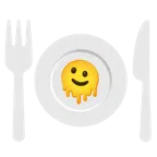 melting face + fork and knife with plate