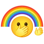 faccina con occhi aperti e mano sulla bocca + arcobaleno