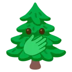 faccina con occhi aperti e mano sulla bocca + albero sempreverde