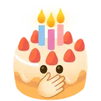 faccina con occhi aperti e mano sulla bocca + torta di compleanno