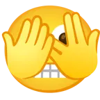 faccina che sbircia tra le dita + faccina con smorfia