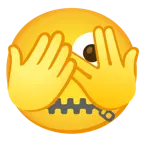 faccina che sbircia tra le dita + faccina con bocca con cerniera