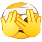 faccina che sbircia tra le dita + faccina con la testa bendata