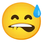 bocca che morde il labbro + faccina con sorriso e goccia di sudore