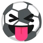 Fußball + Gesicht mit herausgestreckter Zunge und zusammengekniffenen Augen