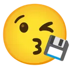 face blowing a kiss + floppy disk