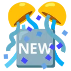 Konfettiball + Wort „New“ in blauem Quadrat