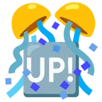 Konfettiball + Schriftzug „UP!“ im blauen Quadrat