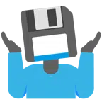 persona che scrolla le spalle + floppy disc