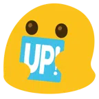 Zauberstab + Schriftzug „UP!“ im blauen Quadrat