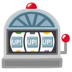 Spielautomat + Schriftzug „UP!“ im blauen Quadrat