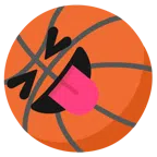 Basketball + Gesicht mit herausgestreckter Zunge und zusammengekniffenen Augen