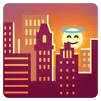 Sonnenuntergang in der Stadt + lächelndes Gesicht mit Heiligenschein