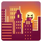 Sonnenuntergang in der Stadt + Gesicht mit herausgestreckter Zunge und zusammengekniffenen Augen