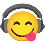 Kopfhörer + sich die Lippen leckendes Gesicht